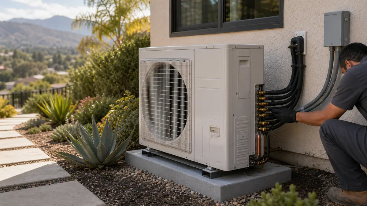 Mitsubishi H2i Hyper-Heat outdoor heat pump installed at a Glendale, CA home