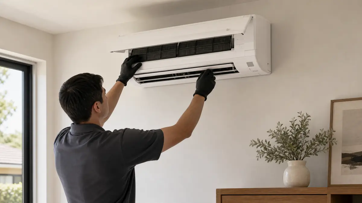 Mitsubishi MSZ wall-mount mini-split head mounted in a Glendale, CA living room